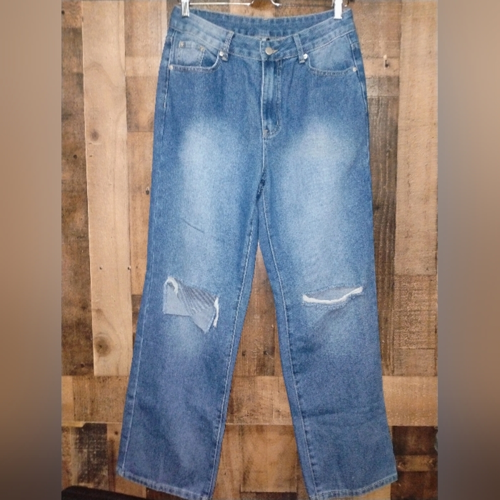 NWT NVFelix Blue Distressed Women's Wide Leg Vintage Wash Jeans Size Large